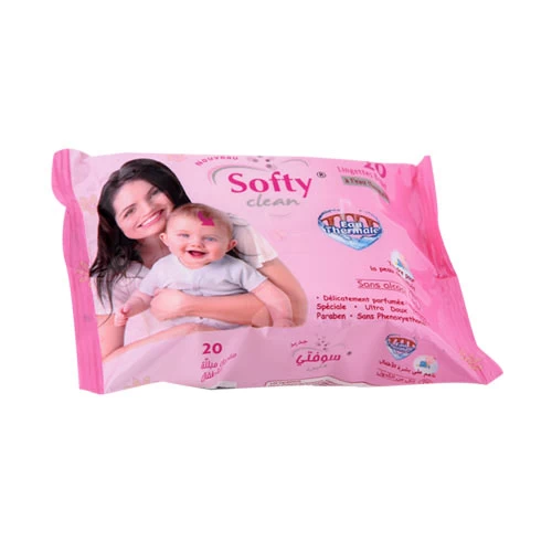 Lingettes bébé SOFTY 20 pièces مناديل مبللة للأطفال 20 قطعة سوفتي courses en ligne Gabes Tunisie supermarché vente epicerie en ligne livraison articles hygiène bébé Lingettes bébé